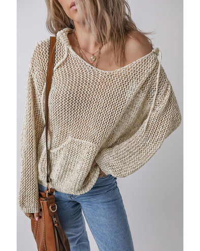 Jet Stream Hollow-out Kangaroo Pocket V Neck Hooded Sweater - XL