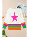 White Star Pattern Colorblock Striped Edge Drop Shoulder Sweater - XL