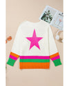White Star Pattern Colorblock Striped Edge Drop Shoulder Sweater - XL