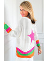 White Star Pattern Colorblock Striped Edge Drop Shoulder Sweater - XL