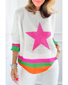 White Star Pattern Colorblock Striped Edge Drop Shoulder Sweater - XL