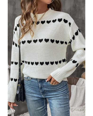 White Contrast Heart Pattern Crew Neck Sweater - L