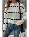 White Contrast Heart Pattern Crew Neck Sweater - L