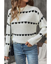 White Contrast Heart Pattern Crew Neck Sweater - S