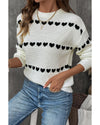 White Contrast Heart Pattern Crew Neck Sweater - S