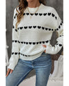 White Contrast Heart Pattern Crew Neck Sweater - S