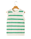 Bright Green Striped Round Neck Casual Sweater Vest - L