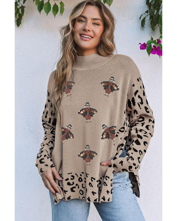 Khaki Sequin Turkey Leopard Mixed Pattern High Neck Sweater with Slits - L