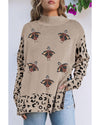 Khaki Sequin Turkey Leopard Mixed Pattern High Neck Sweater with Slits - M