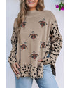 Khaki Sequin Turkey Leopard Mixed Pattern High Neck Sweater with Slits - M
