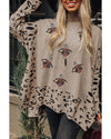 Khaki Sequin Turkey Leopard Mixed Pattern High Neck Sweater with Slits - M