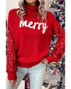 Racing Red Merry Graphic Sequin Sleeves Christmas Turtleneck Sweater - 2XL