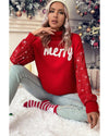 Racing Red Merry Graphic Sequin Sleeves Christmas Turtleneck Sweater - 2XL