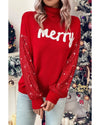 Racing Red Merry Graphic Sequin Sleeves Christmas Turtleneck Sweater - 2XL