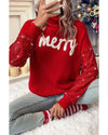 Racing Red Merry Graphic Sequin Sleeves Christmas Turtleneck Sweater - L