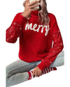 Racing Red Merry Graphic Sequin Sleeves Christmas Turtleneck Sweater - S