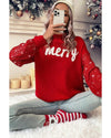 Racing Red Merry Graphic Sequin Sleeves Christmas Turtleneck Sweater - S