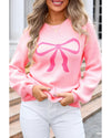 Pink Bow Graphic Drop Shoulder Round Neck Sweater - L