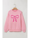 Pink Bow Graphic Drop Shoulder Round Neck Sweater - L