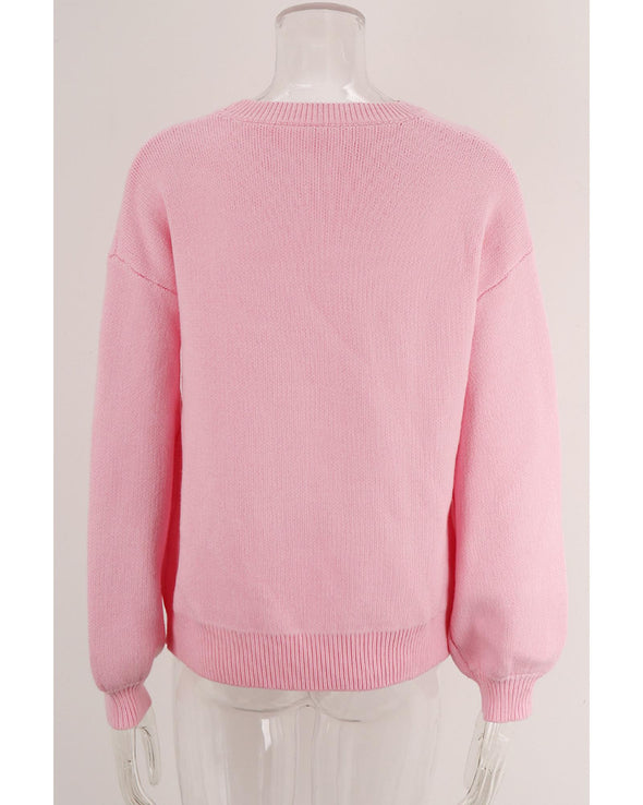 Pink Bow Graphic Drop Shoulder Round Neck Sweater - M