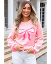 Pink Bow Graphic Drop Shoulder Round Neck Sweater - M