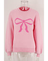 Pink Bow Graphic Drop Shoulder Round Neck Sweater - M