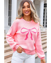 Pink Bow Graphic Drop Shoulder Round Neck Sweater - M