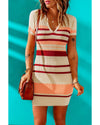 Apricot Striped Ribbed Knit V Neck Bodycon Mini Dress - L