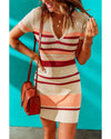 Apricot Striped Ribbed Knit V Neck Bodycon Mini Dress - L
