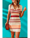 Apricot Striped Ribbed Knit V Neck Bodycon Mini Dress - L