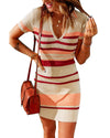 Apricot Striped Ribbed Knit V Neck Bodycon Mini Dress - L