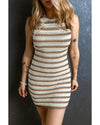 Khaki Stripe Hollowed Knit Sleeveless Sweater Dress - XS