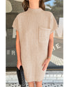 Oatmeal Patch Pocket Ribbed Knit Short Sleeve Sweater Dress - L