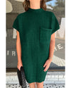 Blackish Green Patch Pocket Ribbed Knit Short Sleeve Sweater Dress - L