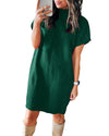 Blackish Green Patch Pocket Ribbed Knit Short Sleeve Sweater Dress - L