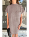 Simply Taupe Patch Pocket Ribbed Knit Short Sleeve Sweater Dress - M