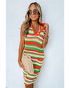 Yellow Stripe Eyelet Sleeveless Buttoned Split Neck Sweater Dress - XL