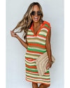 Yellow Stripe Eyelet Sleeveless Buttoned Split Neck Sweater Dress - XL