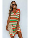 Yellow Stripe Eyelet Sleeveless Buttoned Split Neck Sweater Dress - XL