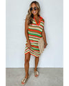 Yellow Stripe Eyelet Sleeveless Buttoned Split Neck Sweater Dress - XL