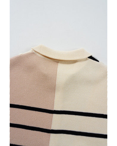 Khaki Stripe Color Block Quarter Zip Collar Short Sleeve Sweater Dress - 2XL