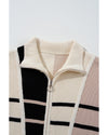 Khaki Stripe Color Block Quarter Zip Collar Short Sleeve Sweater Dress - 2XL
