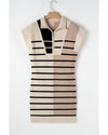 Khaki Stripe Color Block Quarter Zip Collar Short Sleeve Sweater Dress - 2XL