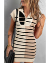 Khaki Stripe Color Block Quarter Zip Collar Short Sleeve Sweater Dress - 2XL