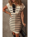 Khaki Stripe Color Block Quarter Zip Collar Short Sleeve Sweater Dress - 2XL