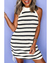 Black Stripe Knitted Drawstring Detail Sleeveless Dress - XL