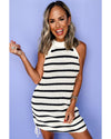 Black Stripe Knitted Drawstring Detail Sleeveless Dress - XL