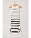 Black Stripe Knitted Drawstring Detail Sleeveless Dress - XL