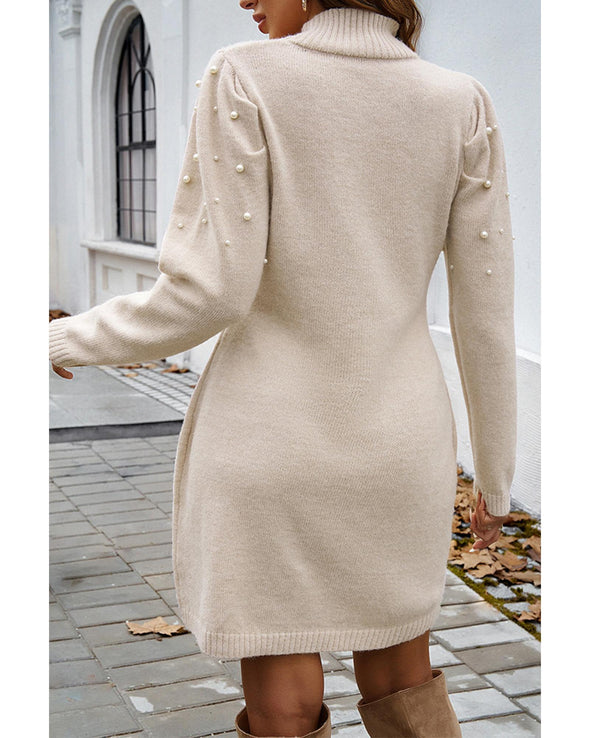 Parchment Pearl Beaded High Neck Bodycon Sweater Dress - L