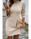 Parchment Pearl Beaded High Neck Bodycon Sweater Dress - L